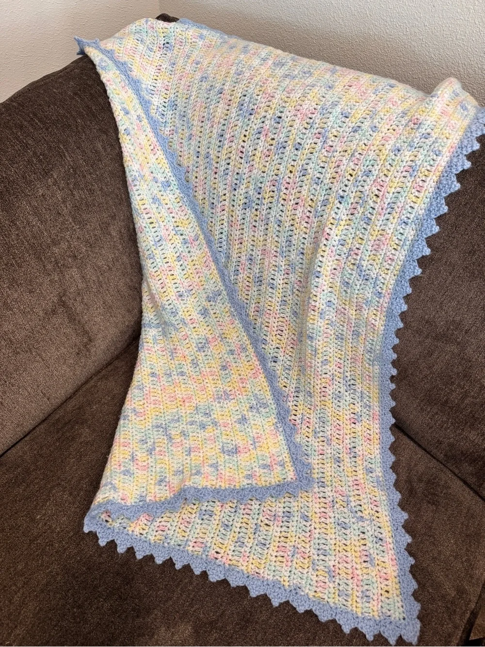 Handcrafted Pastel Multicolor Crochet Throw with Blue Edge. Nursery gift